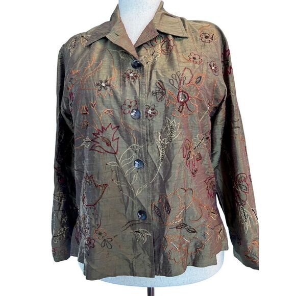 Chico's Design Jacket Embroidered Beaded 100% SILK Unlined Button Close 1 M 8 - Picture 1 of 7